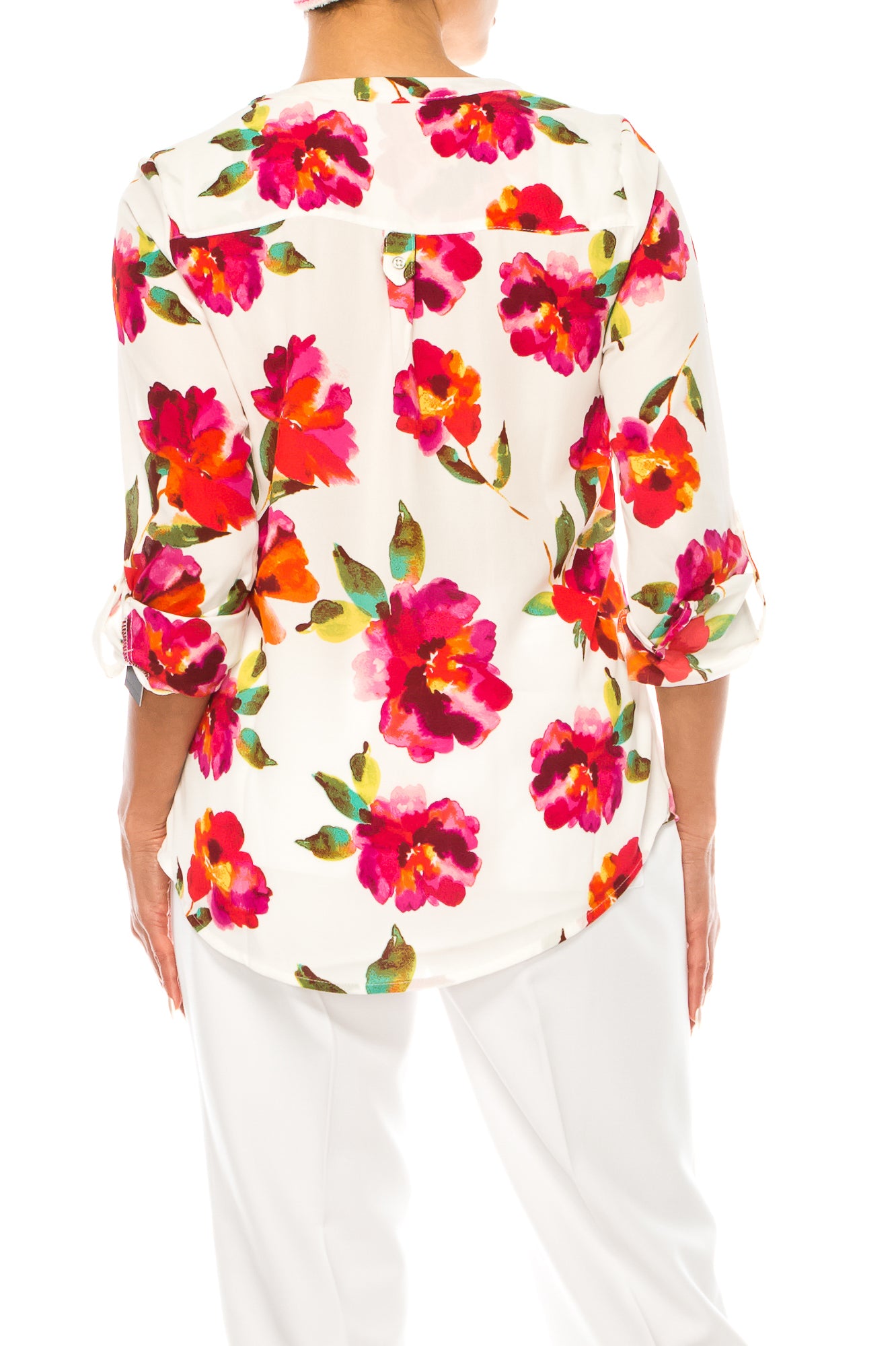 Zac & Rachel Printed Roll-Up Sleeve Split-Neck Top
