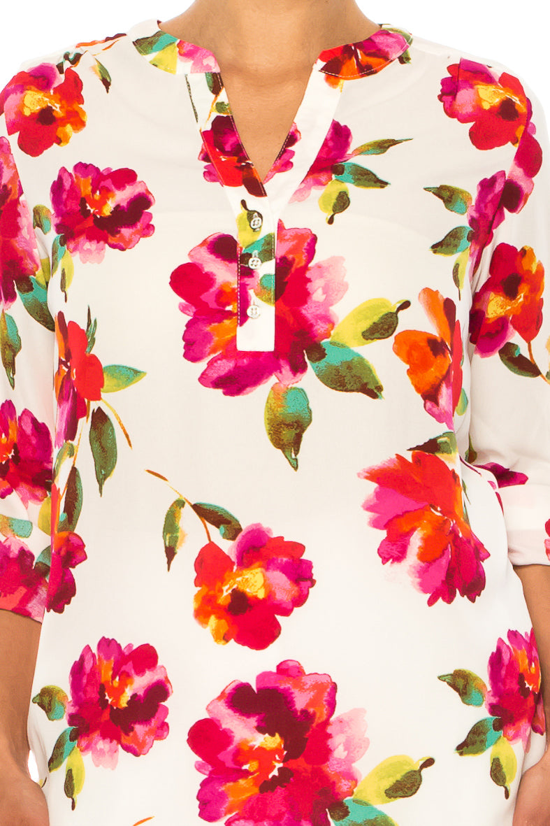 Zac & Rachel Printed Roll-Up Sleeve Split-Neck Top