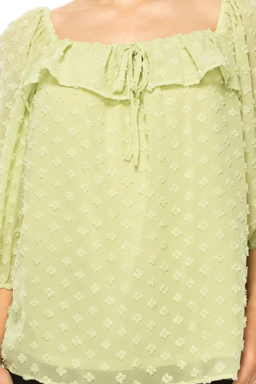 Pale lime green sheer blouse with Swiss dot texture and ruffled neckline