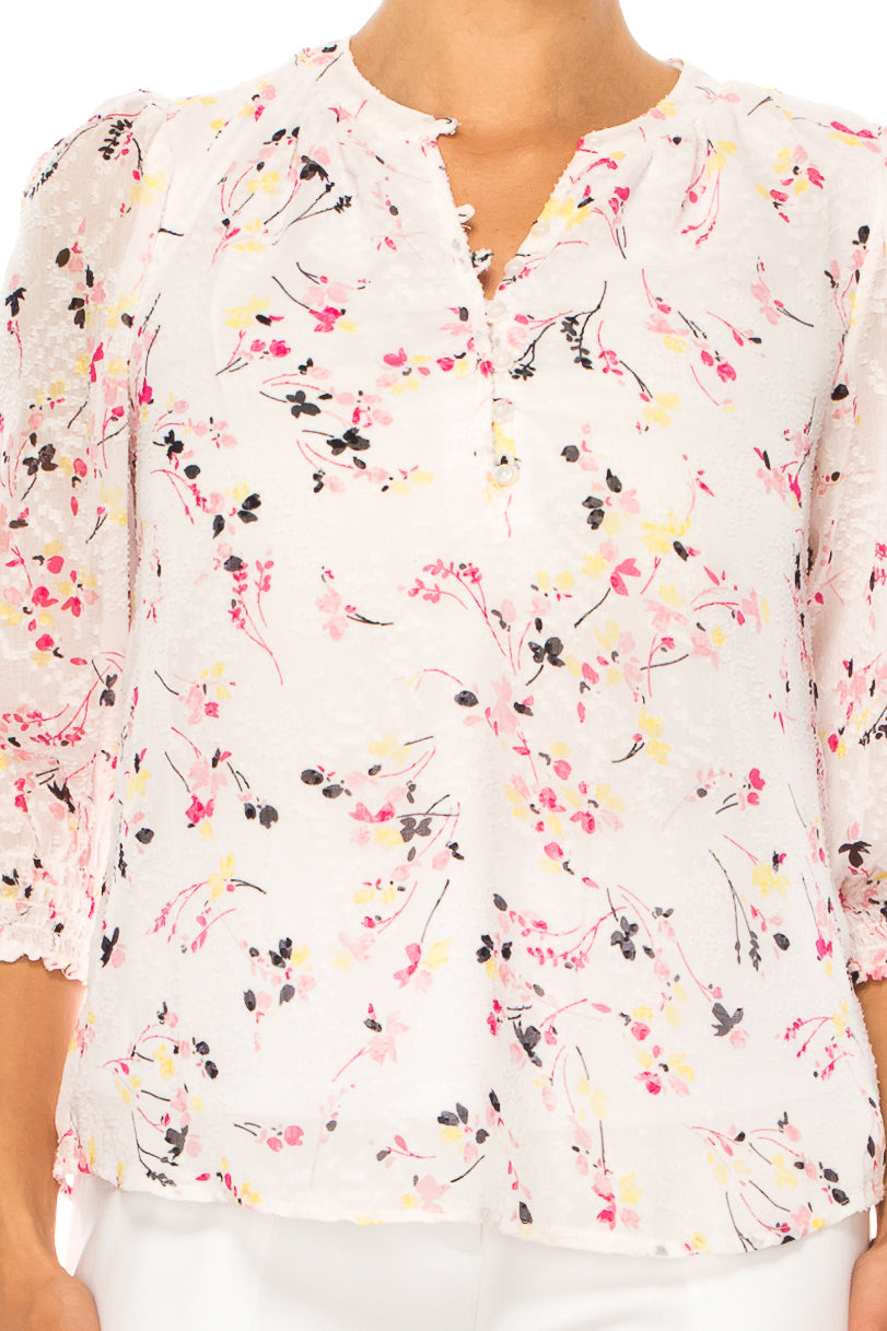 Zac & Rachel Floral Smocked 3/4 Sleeve Peasant Top