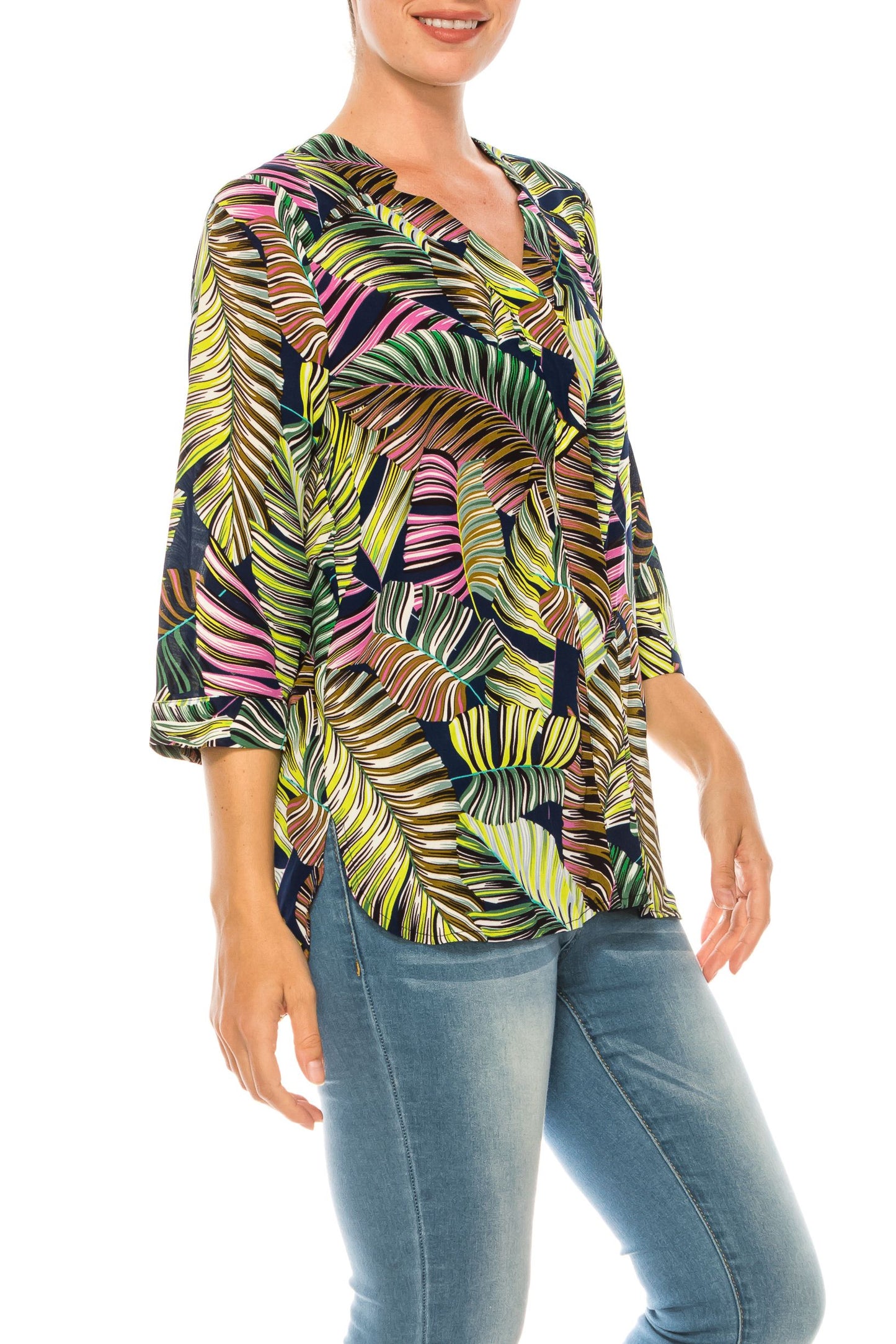 Jessica Rose 3/4 Sleeve Printed Button-Down Blouse
