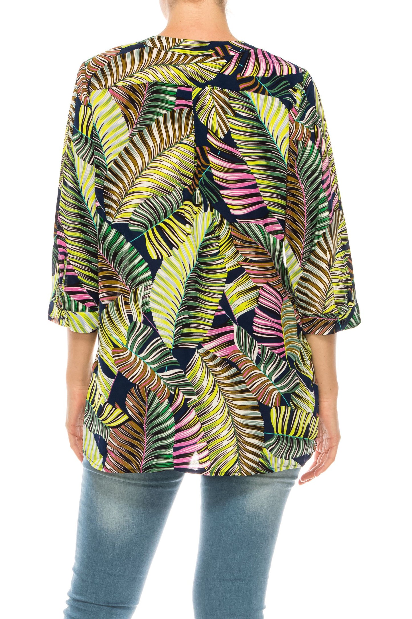 Jessica Rose 3/4 Sleeve Printed Button-Down Blouse