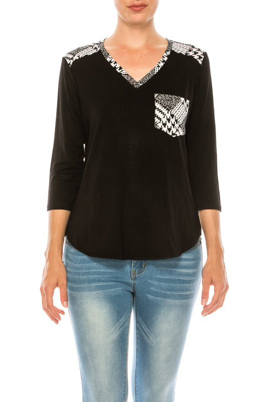 Nygard Black White Checker Color Combo 3/4 Sleeve Top