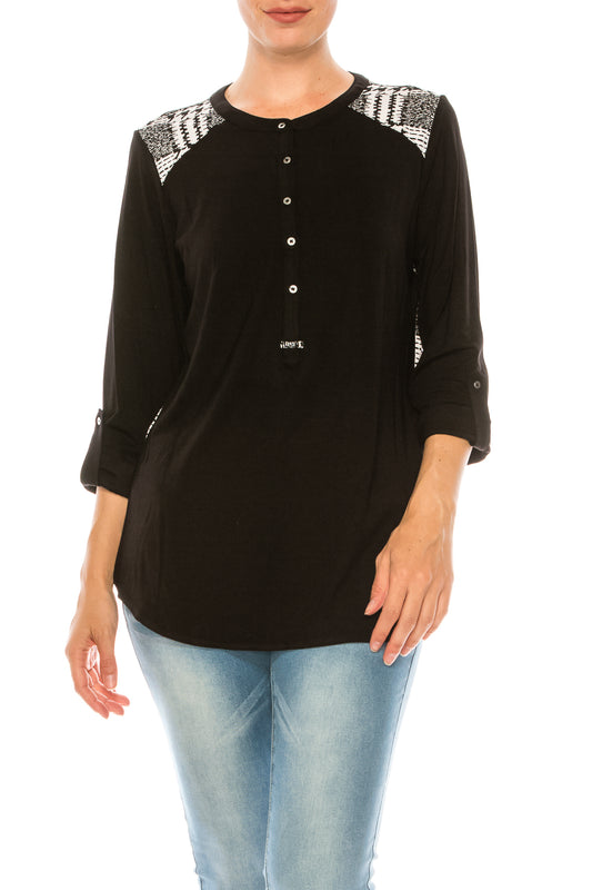 Nygard Black White Checker Combo Print Roll Up 3/4 Sleeve Top