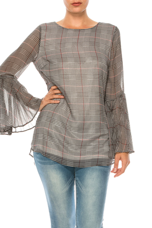 Nygard Black Glen Plaid Print Bell Sleeve Hi-Lo Hem Top