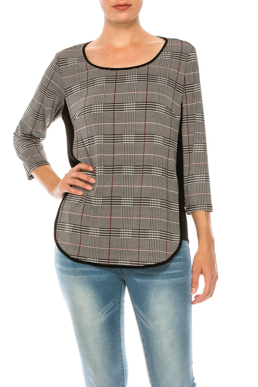 Nygard Black Glenplaid Print 3/4 Sleeve Scoop Neck Top