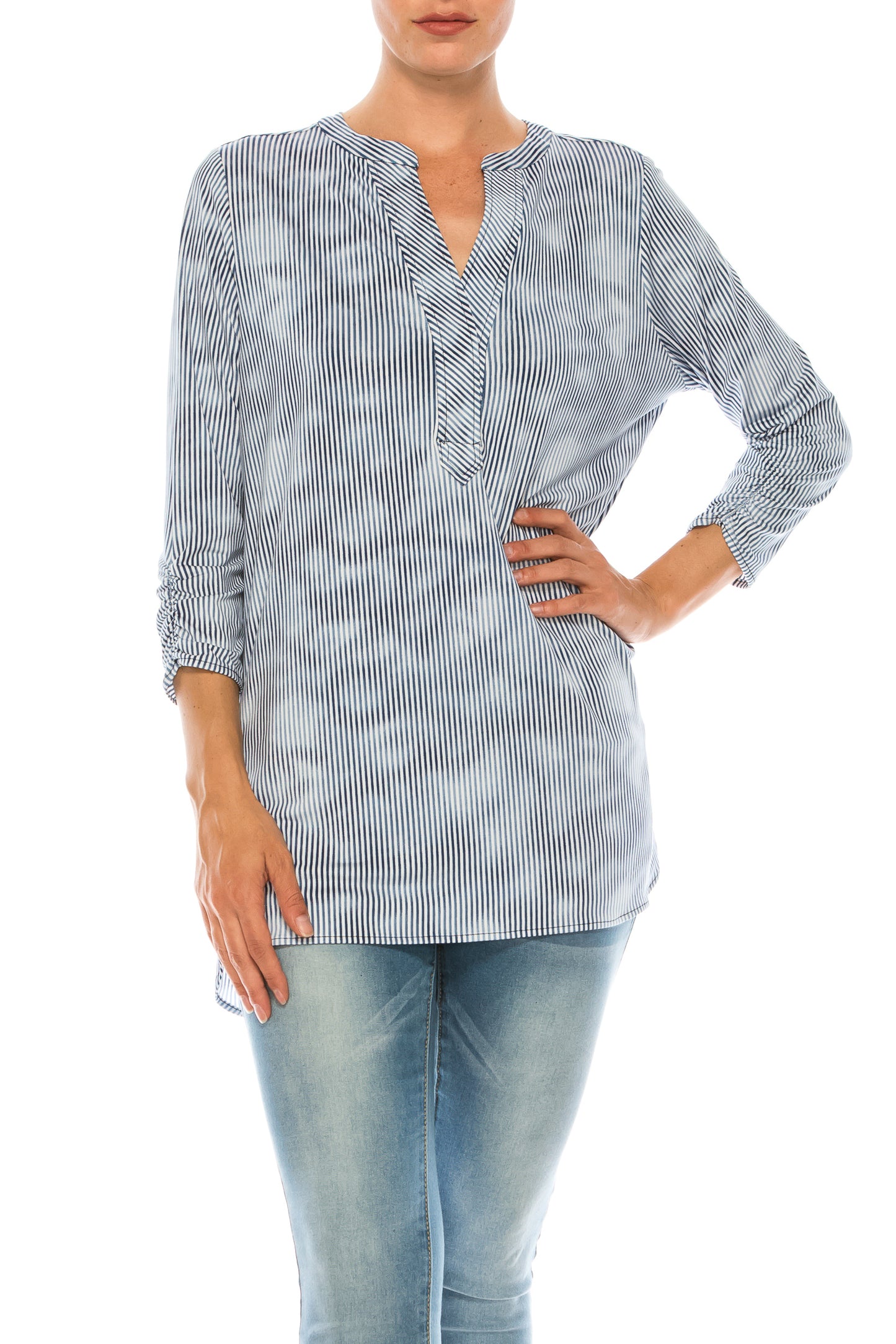 Nygard Indigo Cloud Striped 3/4 Sleeve Tunic Top