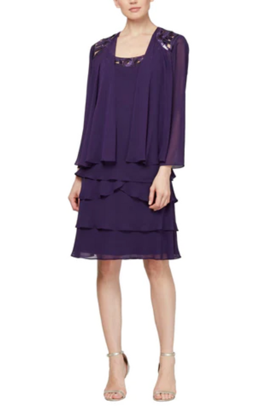SLNY Chiffon Tiered 2-Piece Evening Jacket Dress