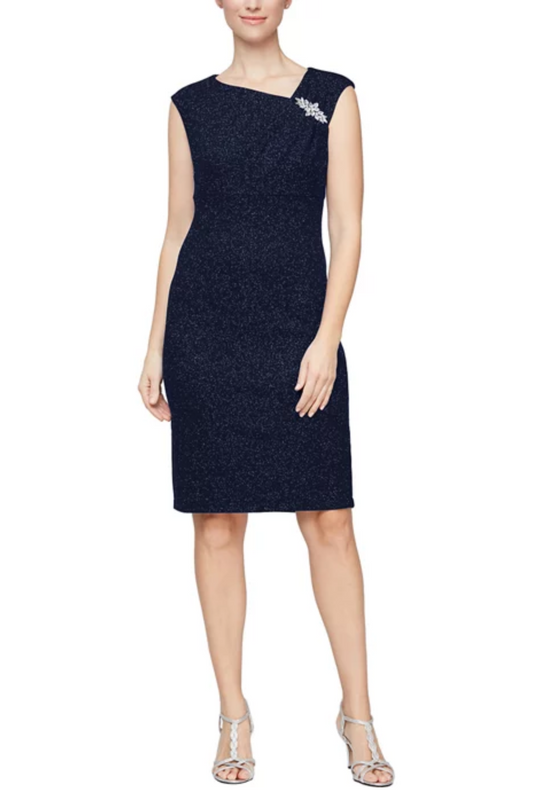 SLNY Asymmetrical Neckline Cap Sleeve Short Evening Dress