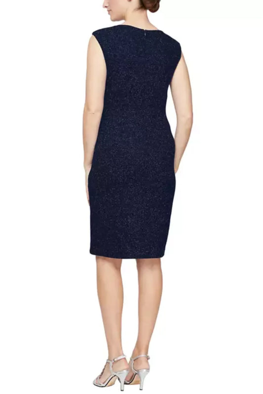 SLNY Asymmetrical Neckline Cap Sleeve Short Evening Dress