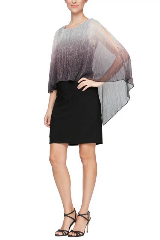 SLNY Metallic Capelet Short Evening Dress