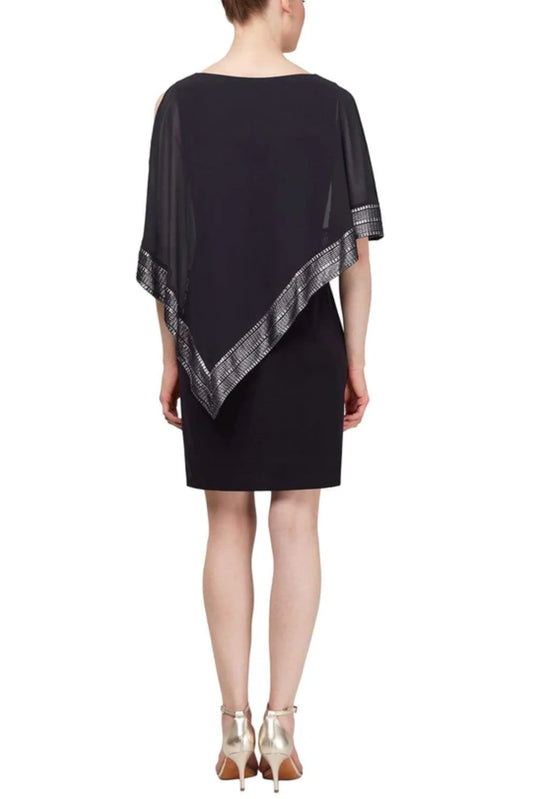 SLNY Attached Chiffon Cutout Cape Overlay Short Evening Dress