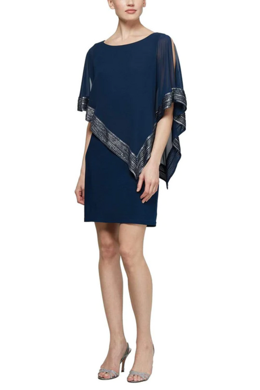 SLNY Attached Chiffon Cutout Cape Overlay Short Evening Dress
