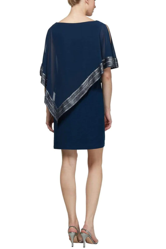 SLNY Attached Chiffon Cutout Cape Overlay Short Evening Dress