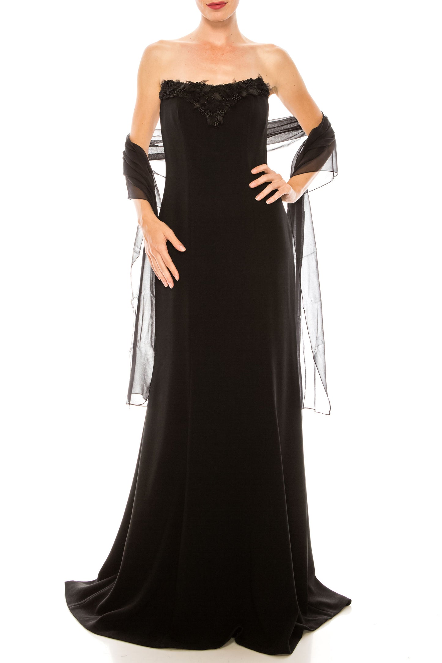 Theia Strapless Embroidered Neckline A-Line Crepe Dress