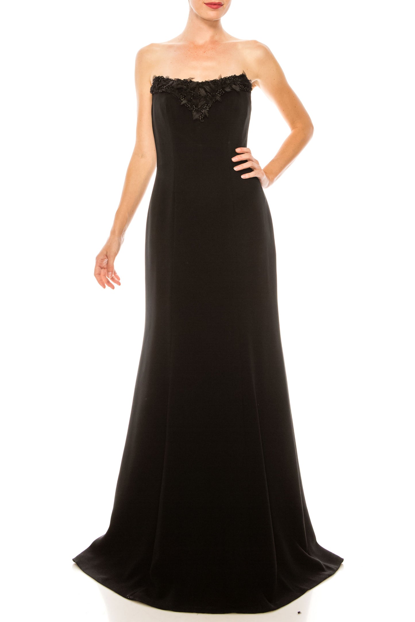 Theia Strapless Embroidered Neckline A-Line Crepe Dress
