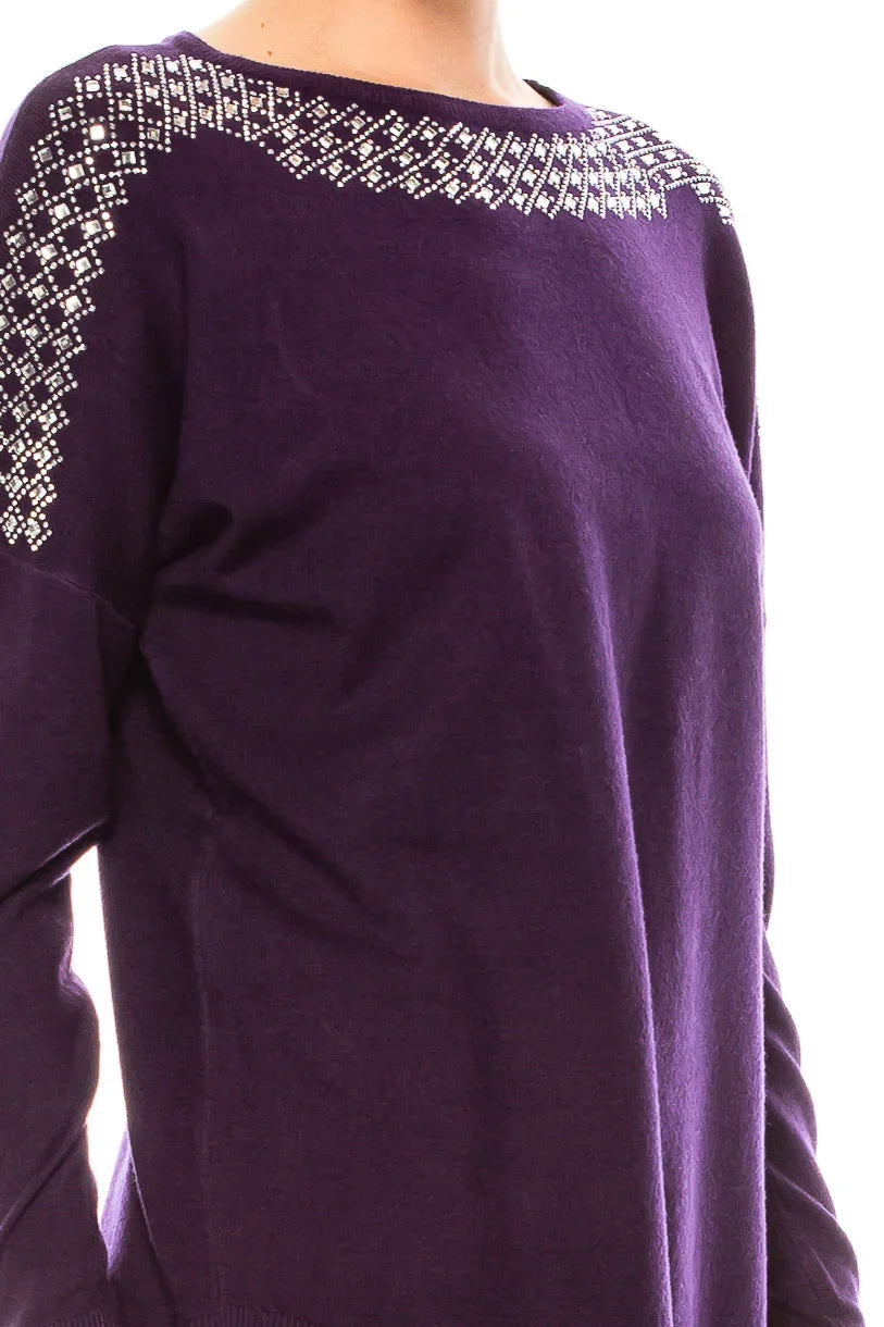 Elegant purple long sleeve top with rhinestone embellishments around the neckline and shoulders
