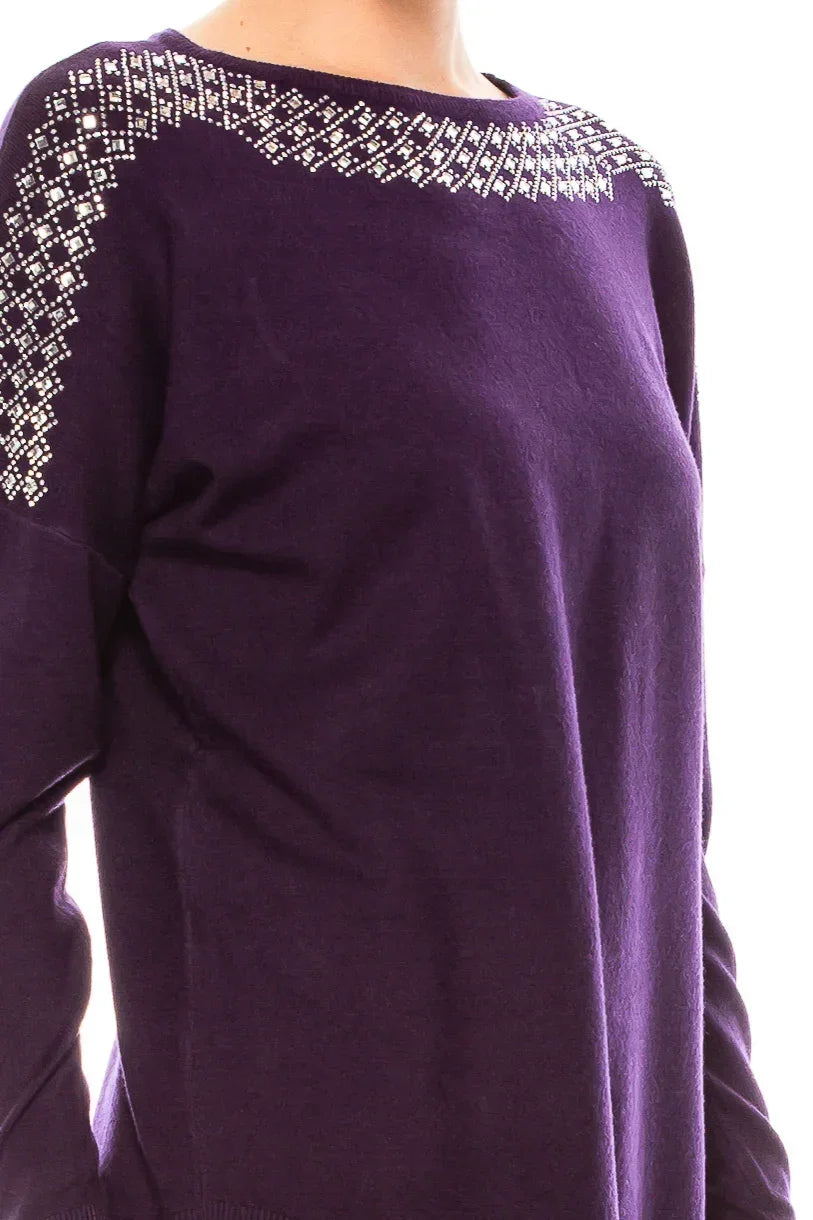 Elegant purple long sleeve top with rhinestone embellishments around the neckline and shoulders