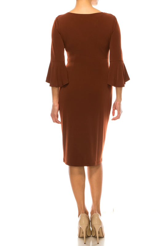 Back view of a woman wearing a brown knee-length dress with bell sleeves and nude heels