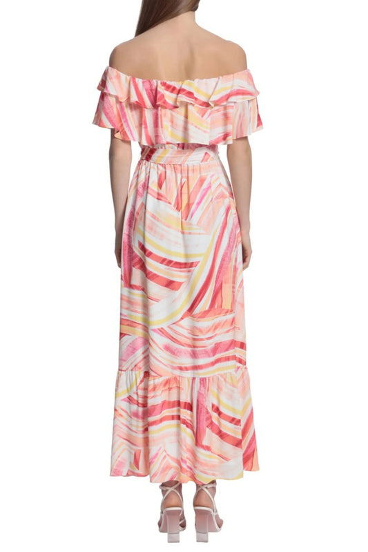 Rear view of a women's off-the-shoulder maxi dress with pink and yellow abstract print.