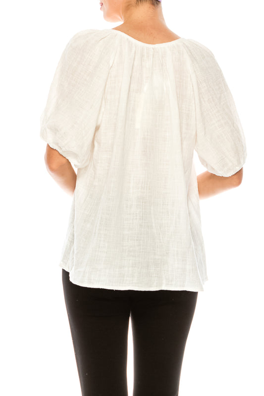 Grand & Greene Linen Split Neck Puff Elastic Short Sleeve Relax Fit Top