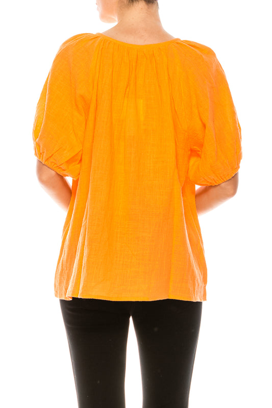 Grand & Greene Linen Split Neck Puff Elastic Short Sleeve Relax Fit Top