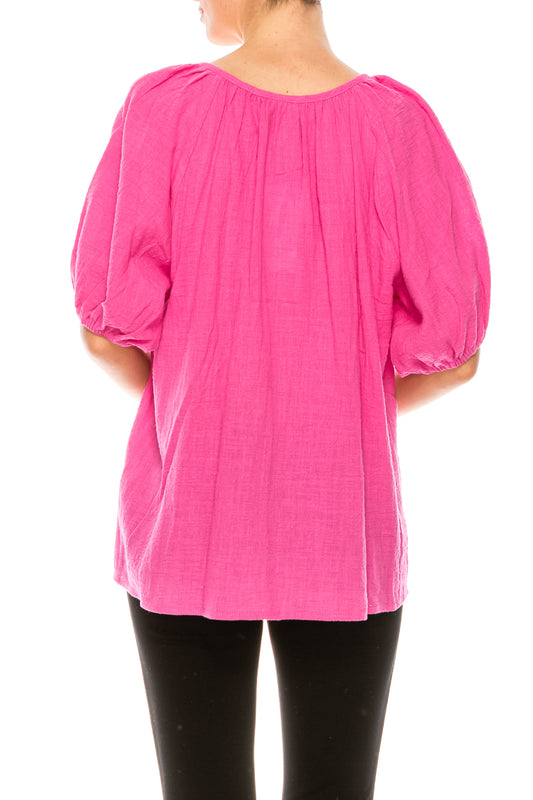 Grand & Greene Linen Split Neck Puff Elastic Short Sleeve Relax Fit Top
