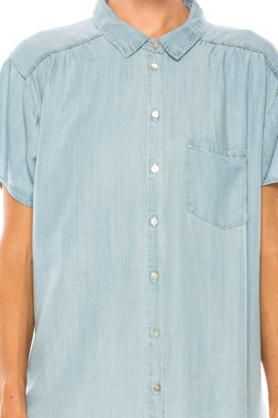 Hester & Orchard Medium Blue Denim Tencel Button Up Collared Top