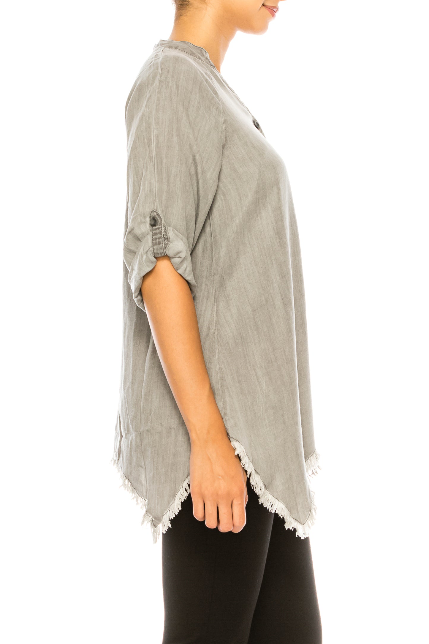 Hester & Orchid Tencel Button Split Neck Fringe Top