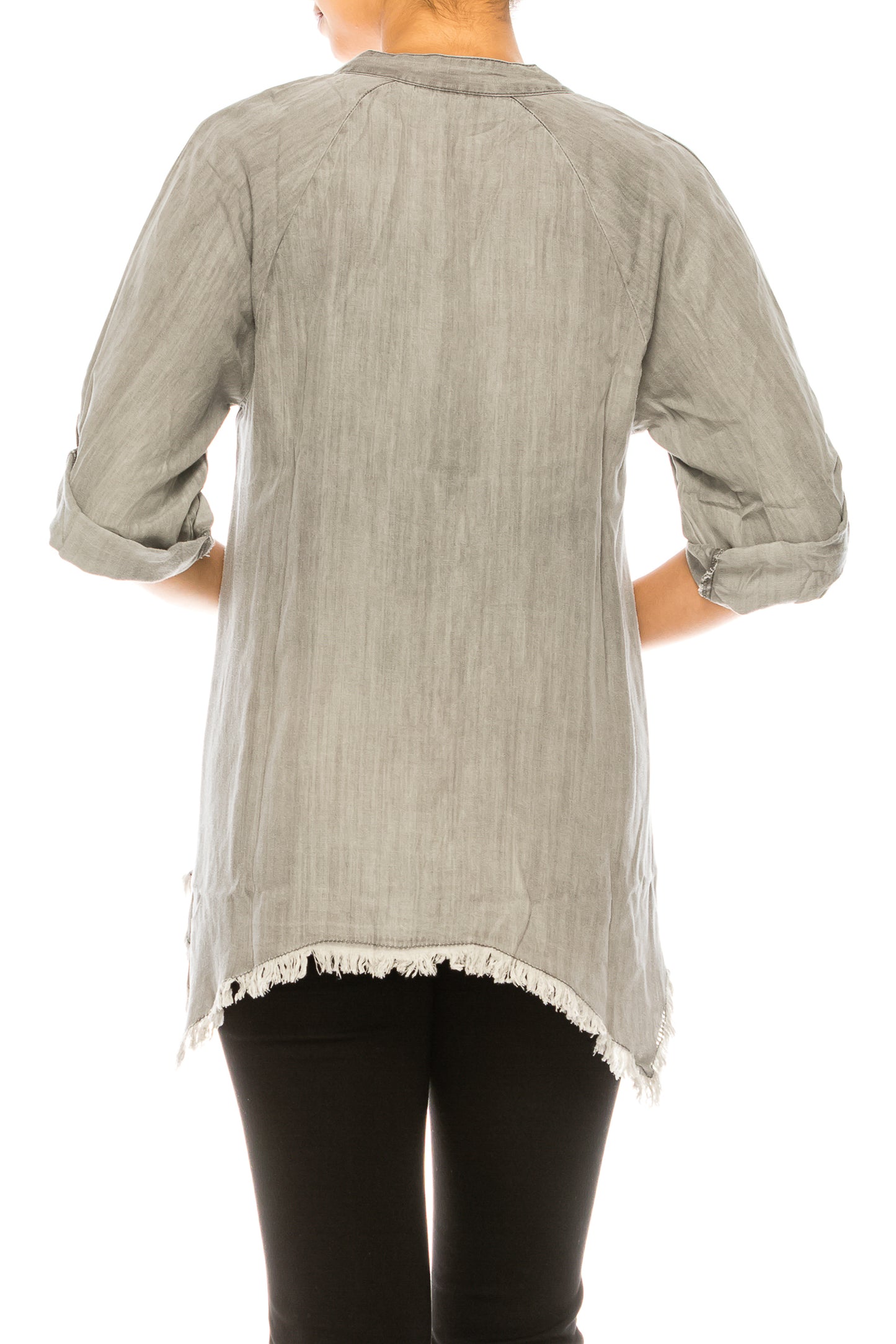 Hester & Orchid Tencel Button Split Neck Fringe Top