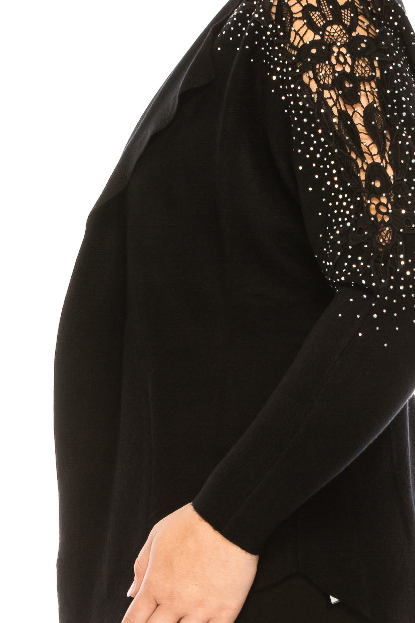 LIV Black Embroidery Long Sleeve Open Front Knit Jacket