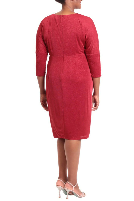 Back view of a woman wearing an elegant red shimmer knee-length sheath dress and heels.