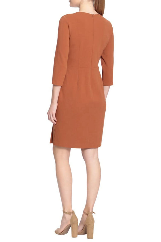 Back view of a woman wearing an elegant rust-colored knee-length sheath dress and nude heels.
