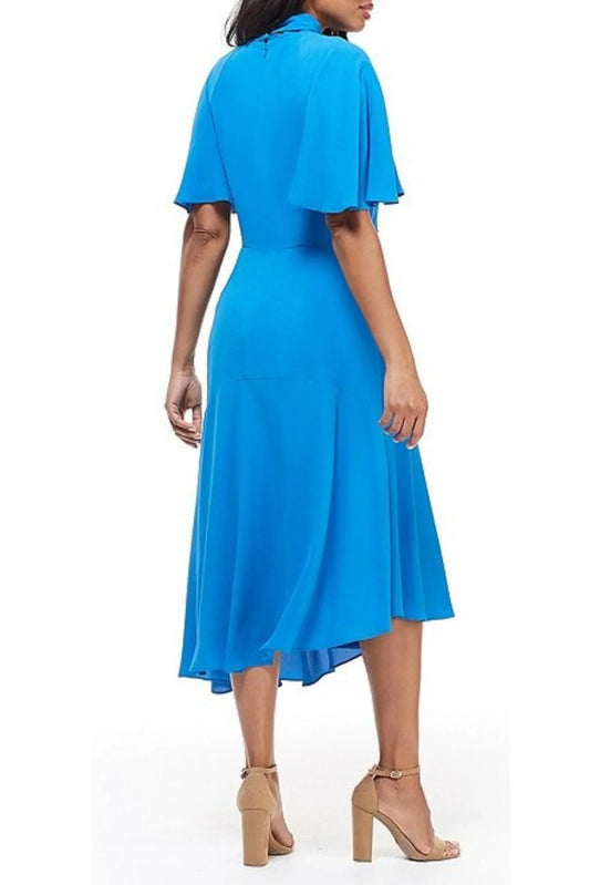 Back view of Maggy London sea blue mock neck midi dress with flutter sleeves