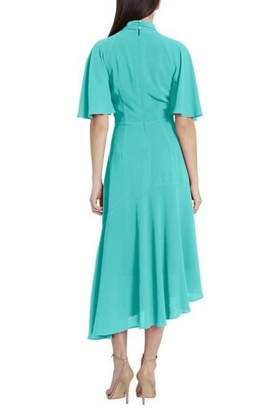 Back view of a Maggy London seafoam green mock neck midi dress with short flutter sleeves.
