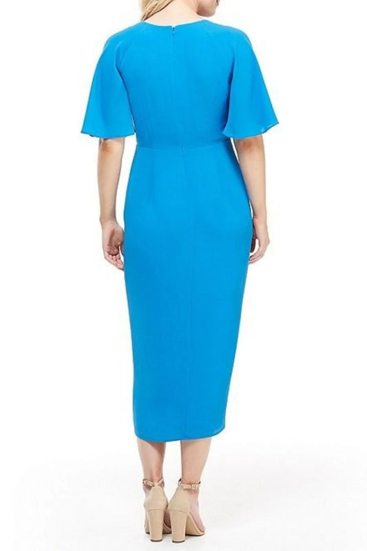 Back view of a Maggy London sea blue short sleeve midi dress on a woman.