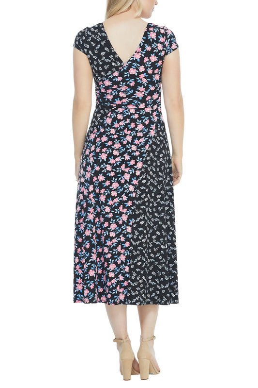 Back view of Maggy London black coral multi floral print midi dress with V-neckline