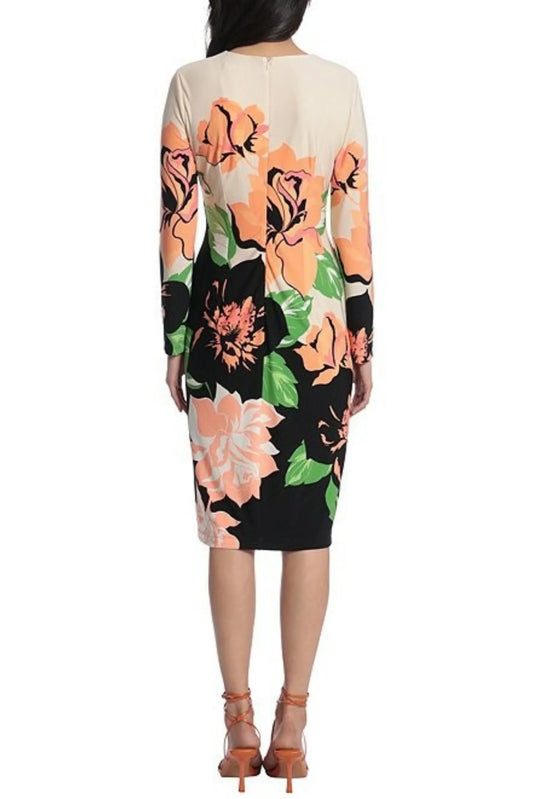 Back view of MAGGY LONDON beige and orange floral print long sleeve midi sheath dress
