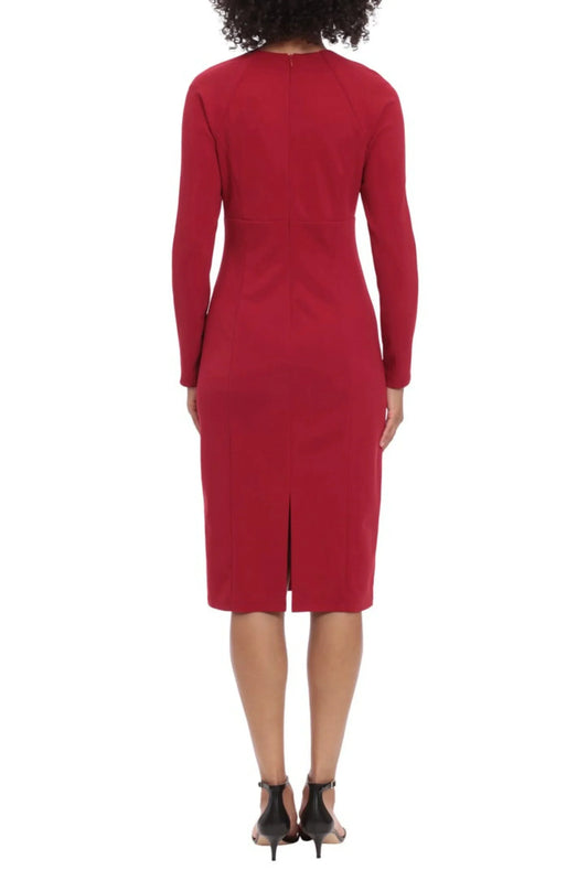 Back view of a woman wearing a red long-sleeve midi sheath dress and black heels.