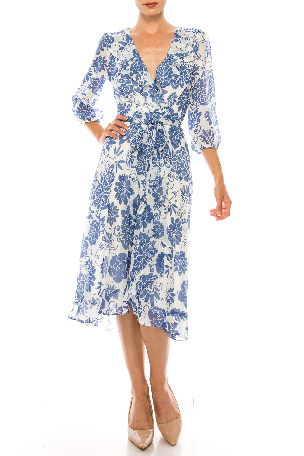 Maison Tara Ivory Slate Floral 3/4 Sleeve Wrap Style Midi Dress New Yorker's Apparel Maison Tara Ivory Slate Floral 3/4 Sleeve Wrap Style Midi Dress New Yorker's Apparel