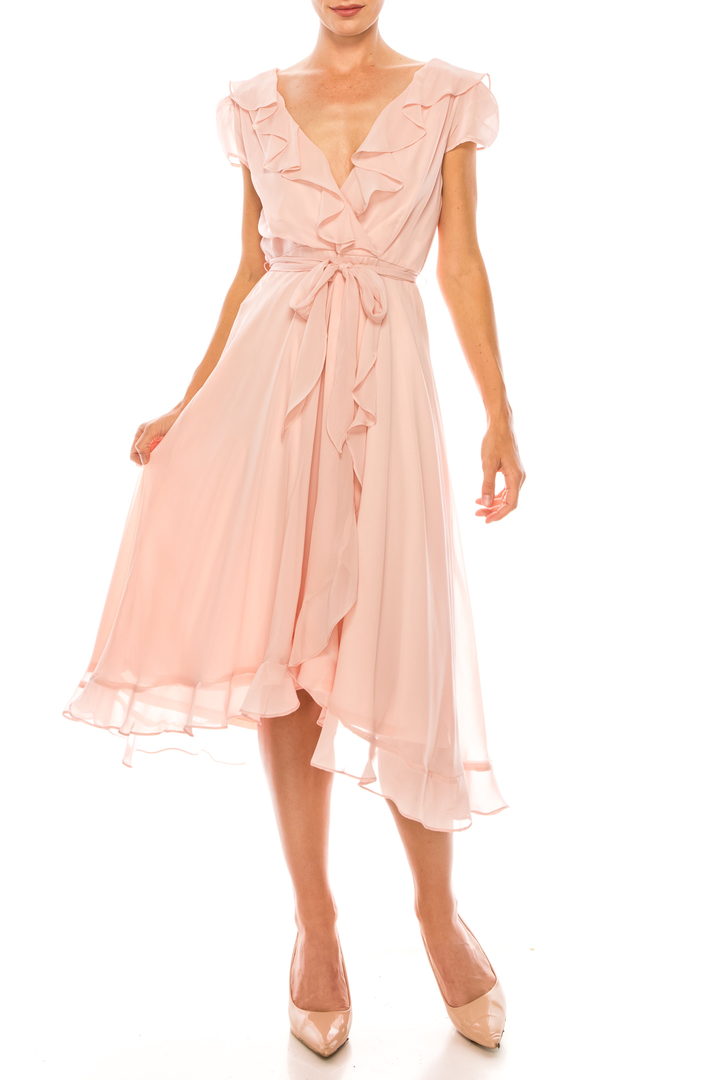Maison Tara Tea Rose Ruffle Cap Sleeve Wrap Style Midi Dress – New
