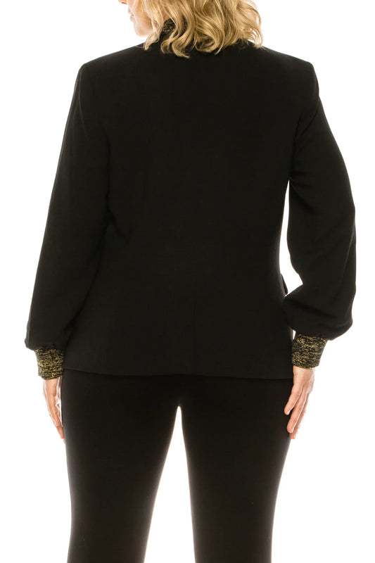 Back view of a black NYGARD sports blazer with metallic gold cuffs and matching black pants.