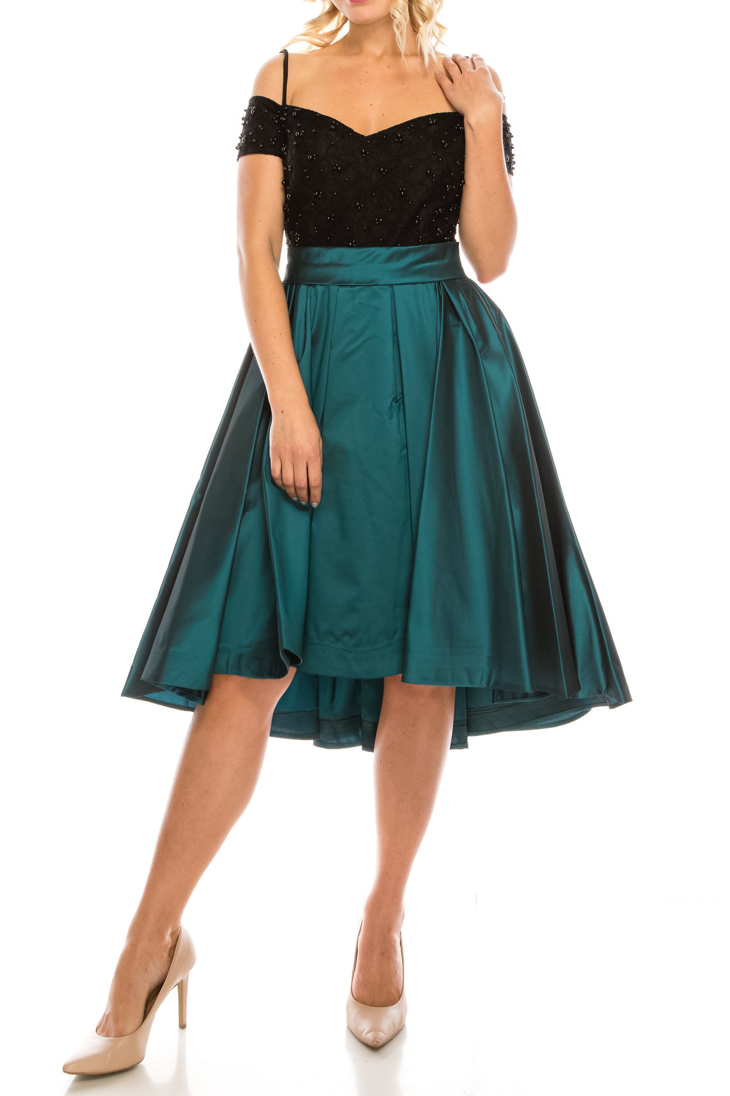Odrella Cold Shoulder Circle Skirt Party Dress Teal