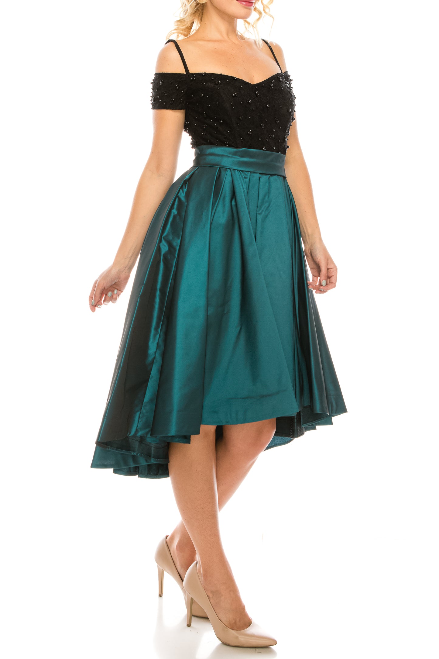 Odrella Cold Shoulder Circle Skirt Party Dress Teal