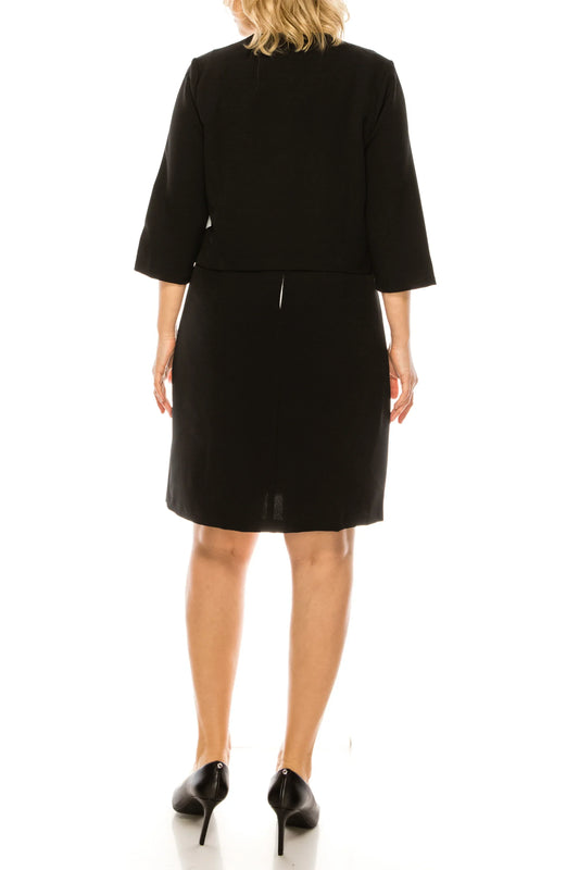 Rear view of a PHASE SEVEN black 2 piece jacket and dress set with black heels