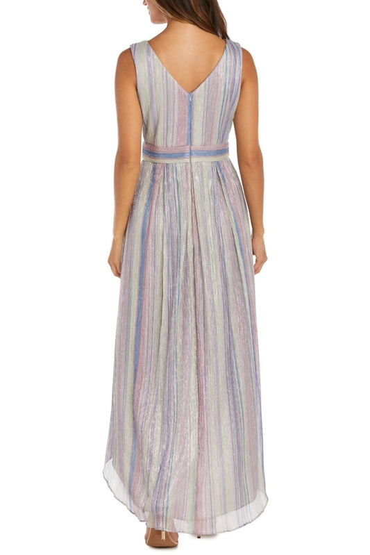 Back view of a woman wearing a multi-colored striped sleeveless maxi dress with a belted waist.
