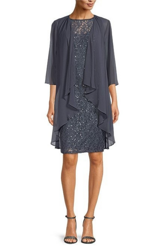 SLNY Sequin Lace 2 Piece Evening Jacket Dress
