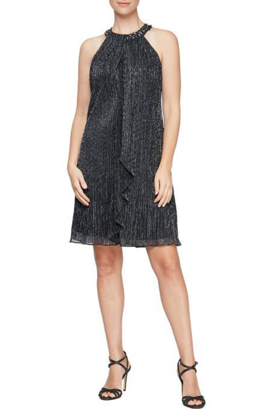 SLNY Metallic Halter Neckline Short Evening Dress