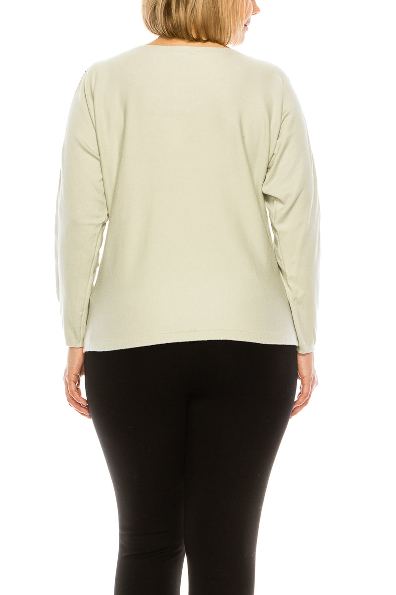 SIONI Boat Neck Straight Hem Knit Long Sleeve Top with Trim Detail
