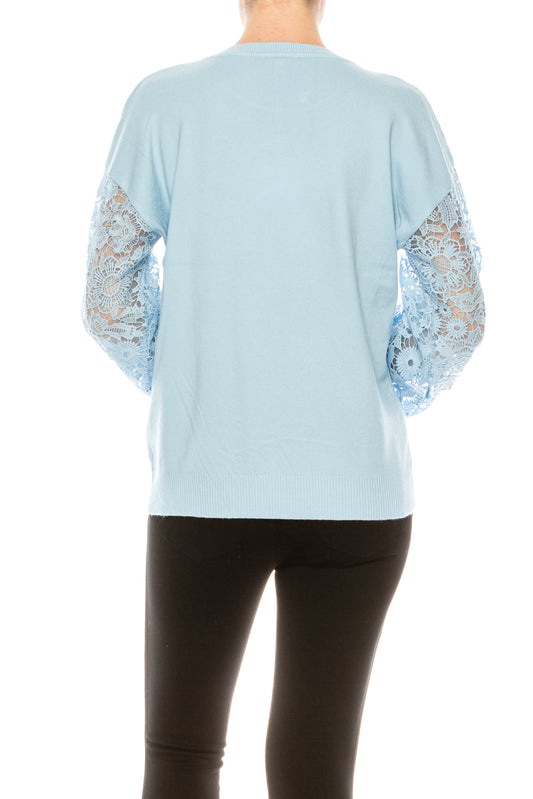 Sioni Crew Neck Lace Puff Sleeve Knit Top (More Colors)